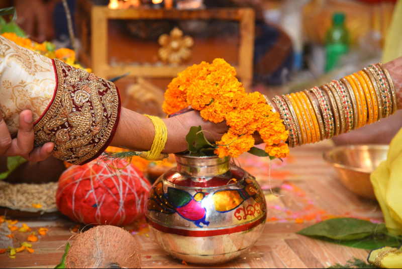 wedding ceremony with yellow marigolds 